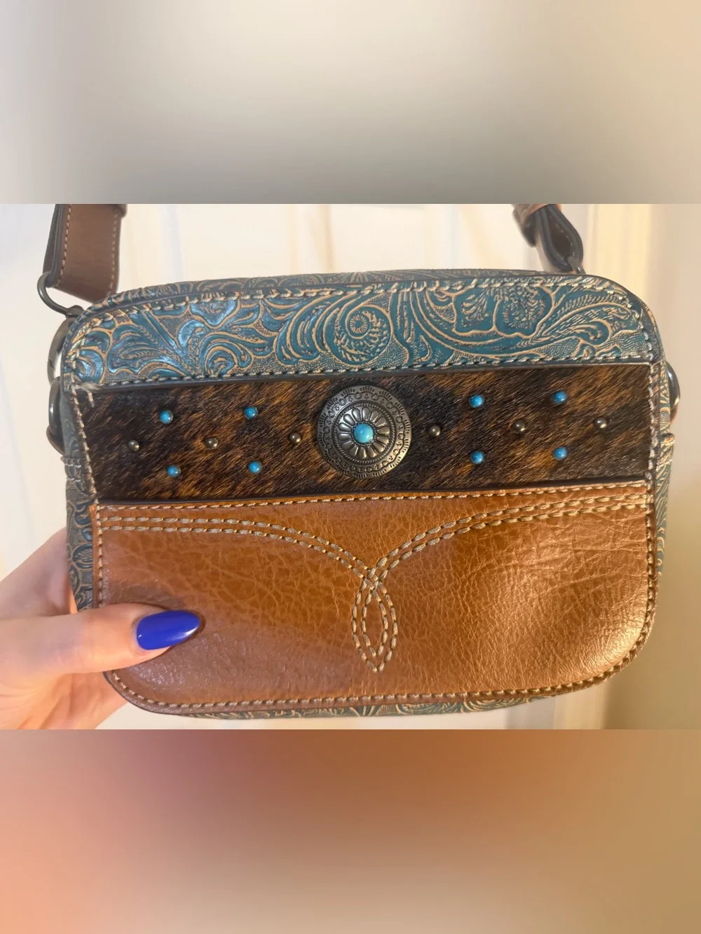 Justin Brown Tooled Leather & Turquoise Crossbody Bag